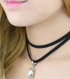 Necklace - Double Black Imitation Leather Choker Necklaces With Rectangle Rhinestone Pendant